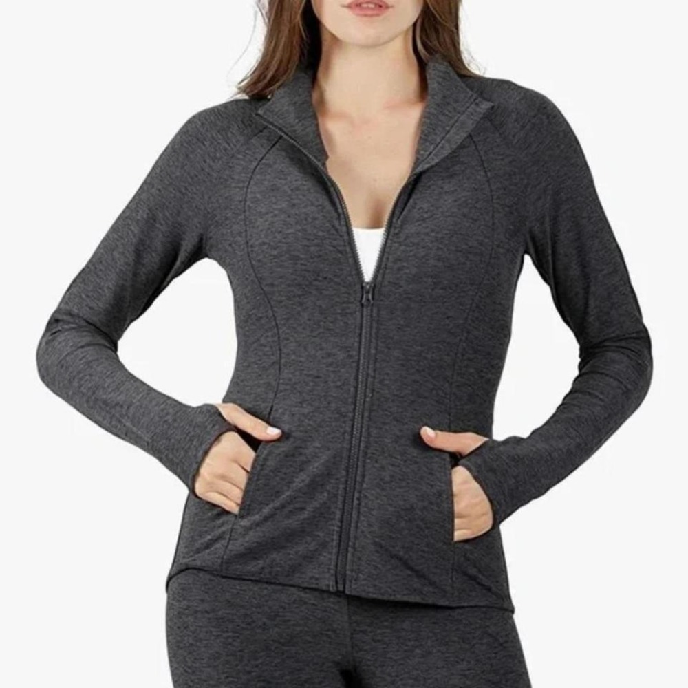 Yogalicious Lux Full Zip Layer Heather Charcoal Jacket Top Thumbholes Medium NWT